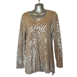 Chicos Womens Tan Gold Metallic Animal Print V-Neck Cotton Sweater Tunic Top
